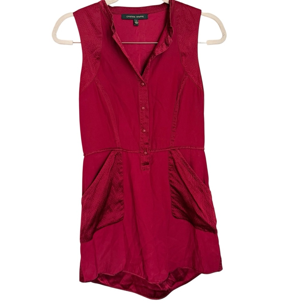 Cynthia Steffe 100% Silk Red Tunic Blouse Size 4 Sleeveless